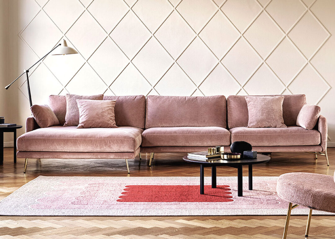 Calligaris le marais chaise sofa in cat 5LX coral fabric and polished
